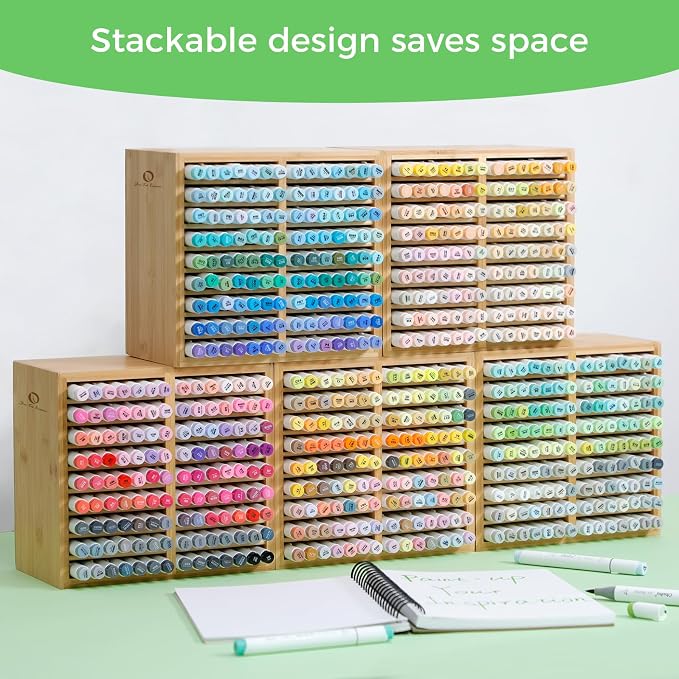 Ohuhu Bamboo Marker Organizer, Wooden Desktop Storage Holds 126 Markers | Markers Pens Pencils Art Brushes Stationary Organizer Pencil Holder with 18 Compartments for Classroom Office Decor Home