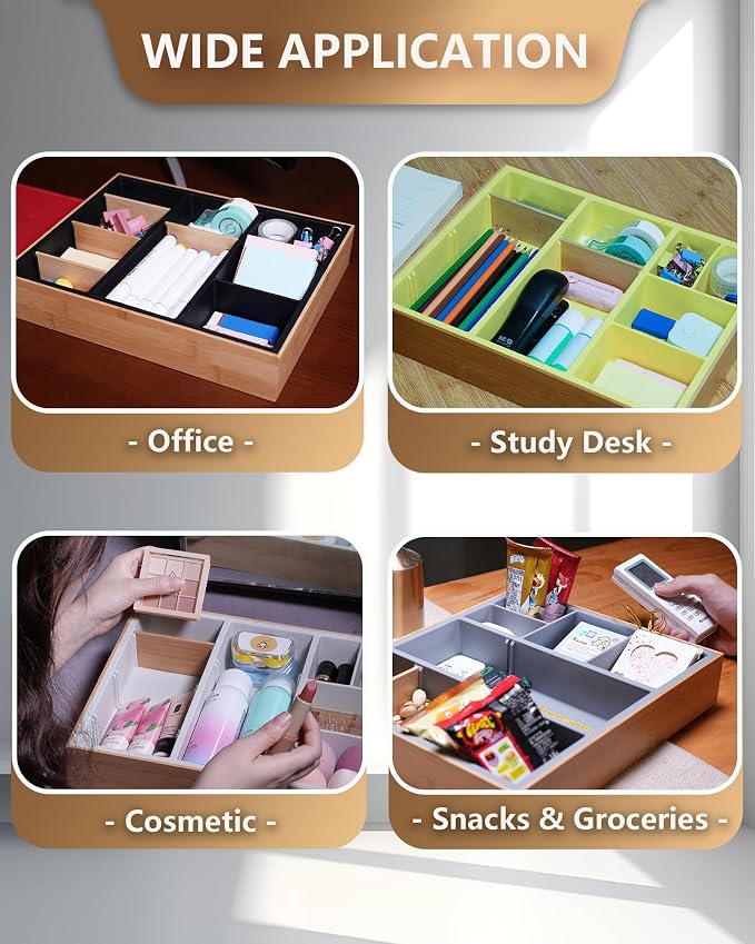 Office Drawer Organizer, Bamboo Desk Drawer Organizer with 4 Removable Dividers, Desk Organizers and Accessories with 10 Adjustable Compartments for Office Home (Gray)