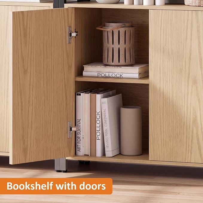 Garvee 71" Tall Bookshelf with Doors and Adjustable Shelf, Natural | Industrial Display Standing Shelf Rack with 3-Tier Shelves, Bookcase with Protective Rails for Living Room, Office