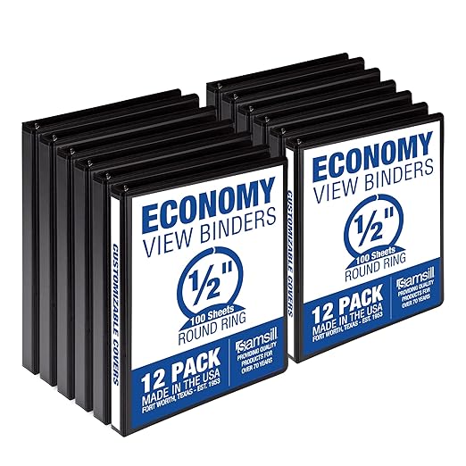 Samsill 0.5 Inch 3 Ring Binders, Made in USA, Economy Round Ring, Clear View Cover, 100 Sheet Capacity - for School, Home, Office - Black, 12 Pack
