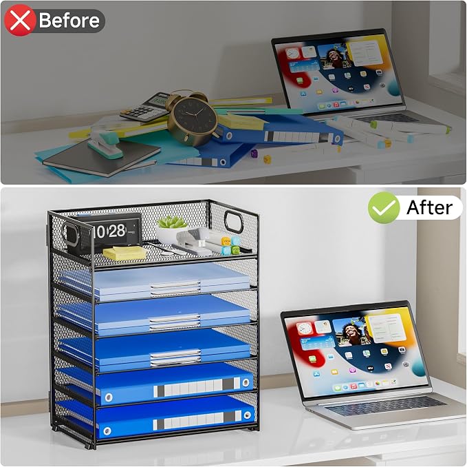 6-Tier Paper Organizer for Desk with Handle | Heavy Duty Metal File Organizer, Stackable Desktop Organizer for Office Supplies, Documents and Stationery Storage