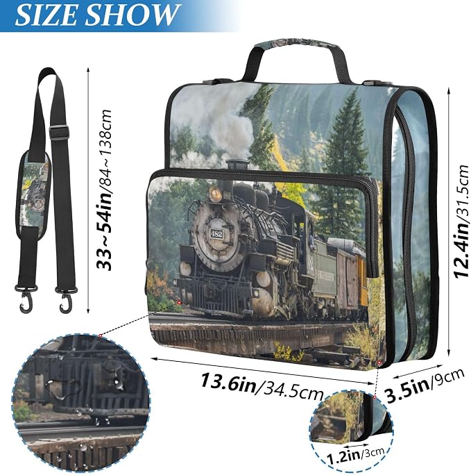 Fisyme Steam Train Zipper Binder 3 Ring with Zipper and Shoulder Strap Large Capacity Multi-Pocket Zipper Binder Organizer