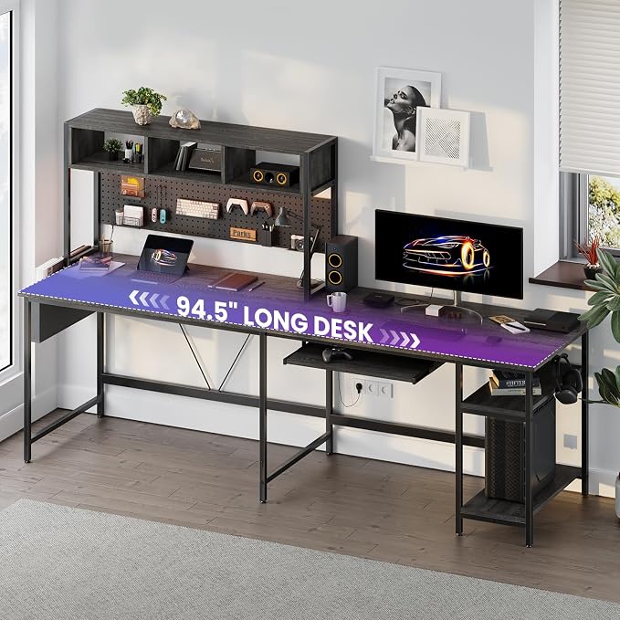 DUMOS 67" L Shaped Gaming Desk, Reversible Computer Desks with LED Lighting, Corner Desk for Compact Spaces with Keyboard Tray & Storage Shelf, Metal Frame PC Gaming Table for Home Office, Gray