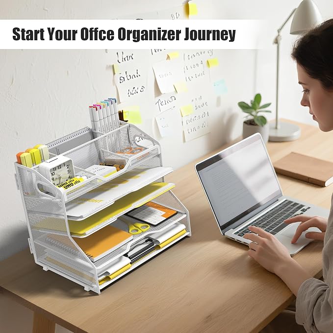 YINGHUA 5-Tier Mesh Desk Organizer, Letter Tray - White | Sturdy steel mesh with 3 sliding trays, 2 handles, 6 adjustable top sections. U-shaped design for easy access to office files