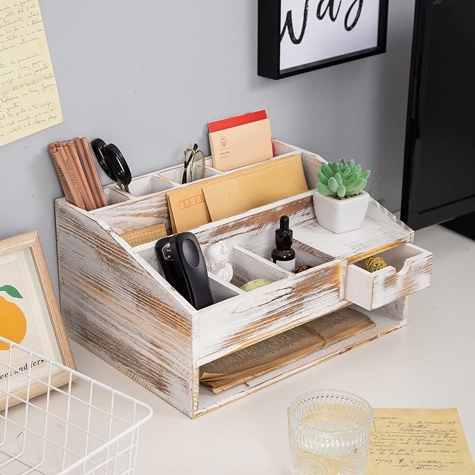 Wood Desk Drawer Organizers with File Organizer Pen holder Office Decor combo Organization Home Can Arrange calculators scissors pens note papers, etc. (washed white)