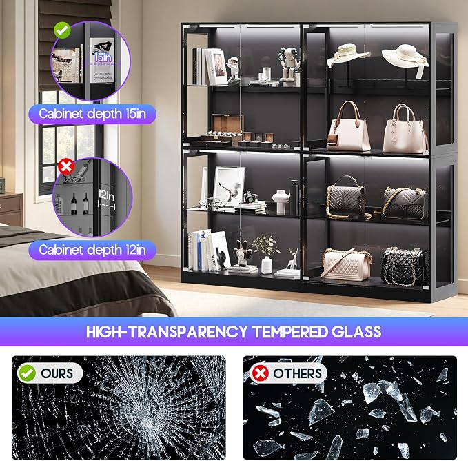AMERLIFE 75-Inch RGB Display Cabinet with Glass Shelves | 70 H x 75 W x 16 D In, 4-Tier Storage, RGB LED Lights, Press-to-Open Doors, for Collectibles, Black