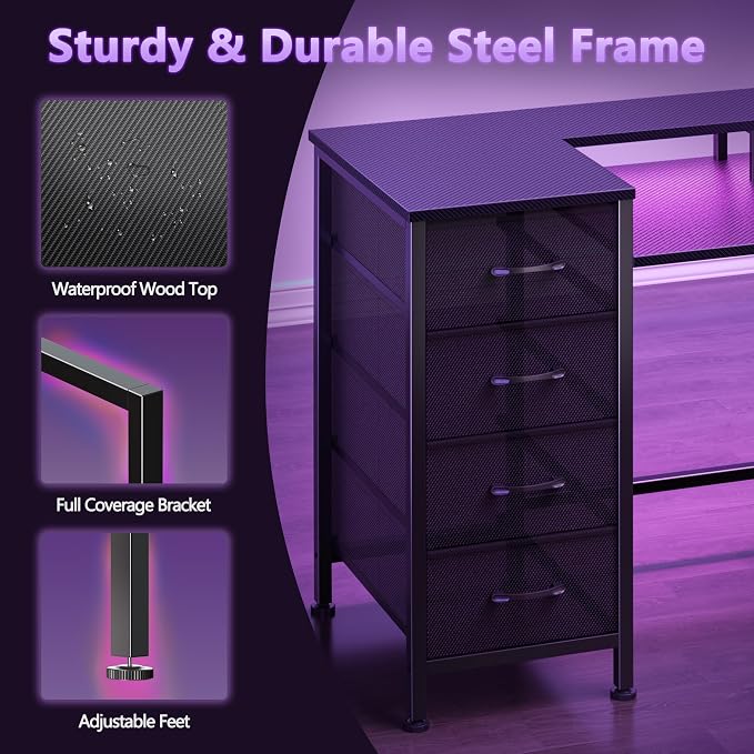 Korfile 47 Inch Computer Gaming Desk with Power Outlets & LED Lights Reversible Home Office Desk with Adjustable 5 Fabric Storage Drawers for Working Writing Study, Carbon Fiber Black | For gaming and working,built-in power outlets and LED lights,5 fab...