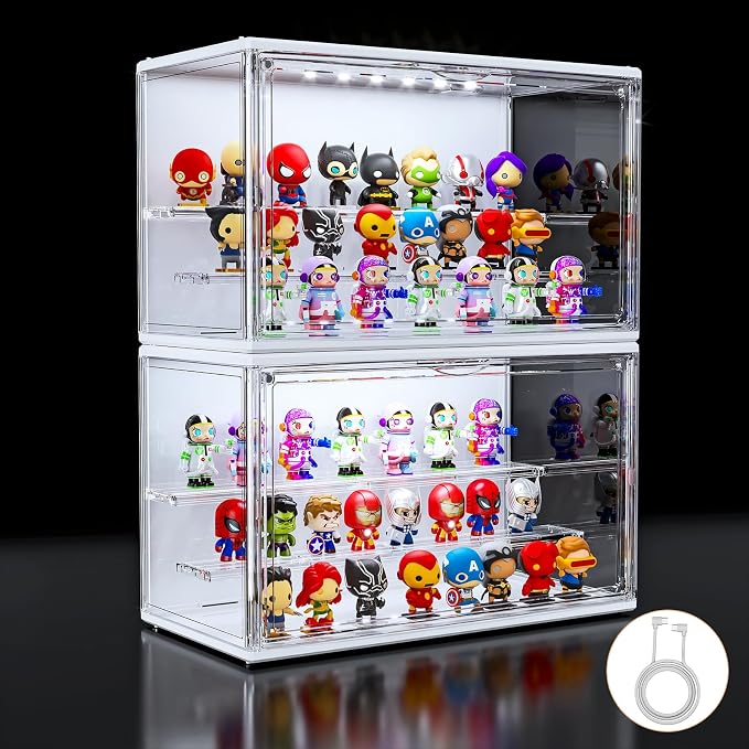 Acrylic Display Case for Collectibles with LED Light, 3 Layer Adjustable Figure Display Case with Magnetic Door, Lighted Display Box Stackable Clear Blind Box for Action Figure, Popmart, 2 Pack