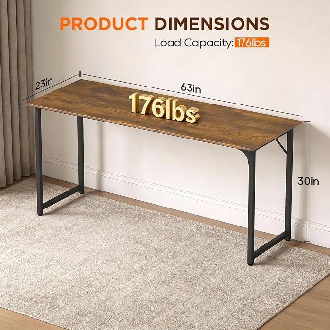 PayLessHere | 63 Inch Computer Desk | Vintage | Office Desk with Metal Frame, Adjustable Feet | Water-Resistant, Scratchproof Surface | Sturdy Writing Table for Home Office or Study | Pack of 1