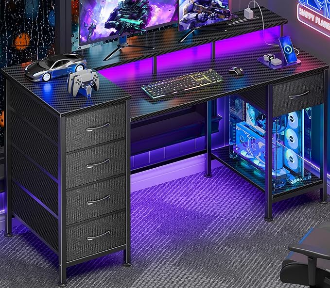 Korfile 47 Inch Computer Gaming Desk with Power Outlets & LED Lights Reversible Home Office Desk with Adjustable 5 Fabric Storage Drawers for Working Writing Study, Carbon Fiber Black | For gaming and working,built-in power outlets and LED lights,5 fab...
