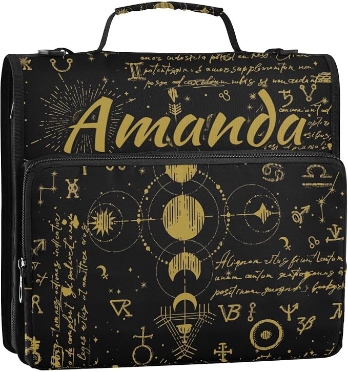 Custom 3 Ring Zipper Binder Sun Moon Astrology Boho Personalized Name 1.5 inch Binders Large Capacity Multi Pockets for School Office Supplies