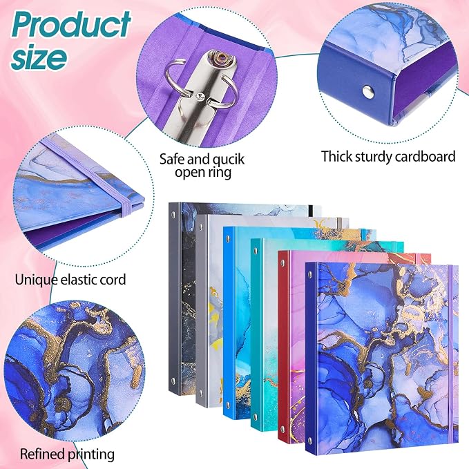 6 Pack Mini Binders 5.5 x 8.5 Three Ring 1 Inch Marble Binder with Elastic Cord Cute Hardcover Marble Binder Floral for School Office Home Photo Album Pages(Marble Style)