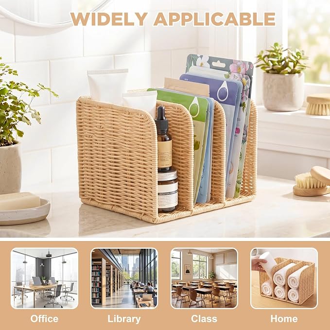 Novabright Synthetic Rattan File Magazine Holder Desk Organizer, 3 Vertical Compartments Workspace Sorters for Magazines, Binders, Notebooks, Envelopes