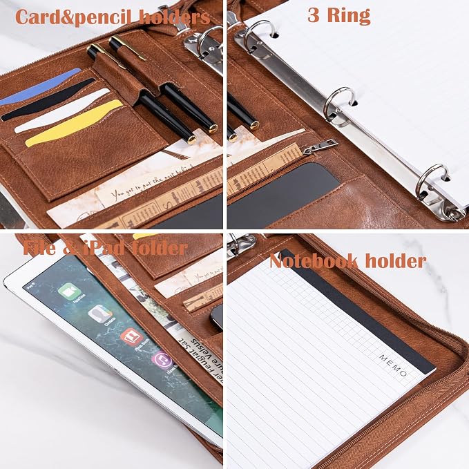 Calfinder 3 Ring Leather Binder with Zipper, Leather Portfolio for Men & Women, Business Padfolio Organizer for Interview, Resume & 13 inch Laptop