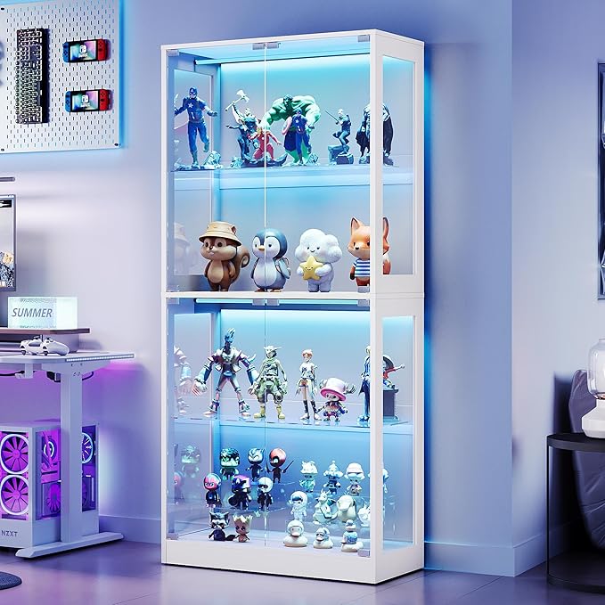 AMERLIFE 32-Inch RGB Display Cabinet with Glass Shelves | 70 H x 32 W x 16 D In, 4-Tier Storage, RGB LED Lights, Press-to-Open Doors, for Collectibles, White