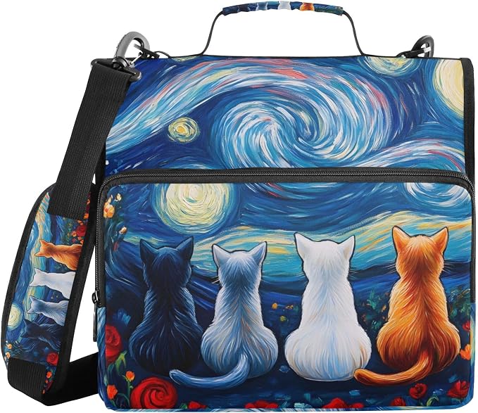 MNSRUU 3 Ring Binder Bag, 2 Inch D-Rings Easily Organizes 1 Inch Fits Letter Sized Paper, Cats Watching Stars Moon Large 3 Hole Zipper Binder Organizer for School Office Supplies