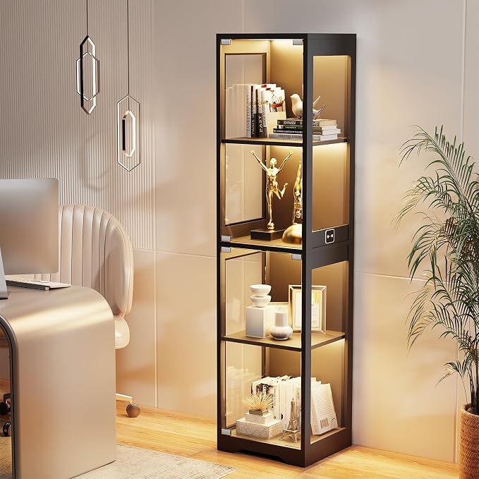BROTTAR Glass Display Cabinet, Display Case for Collectibles, Black | 4-Tier Curio Cabinets with 3 Color Lights&Human Body Sensor, Storage Cabinet with Glass Door