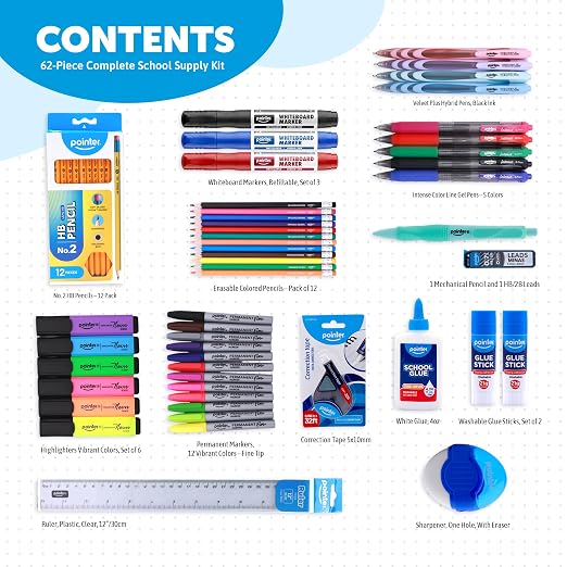 Pointer School Supplies Bundle Kit – A Back to Learning Set Student Value Pack Essentials for Classroom, Writing, Drawing, Crafting, Study Materials Kids, Teens, Home Use Academic Essentials – 62 Pcs