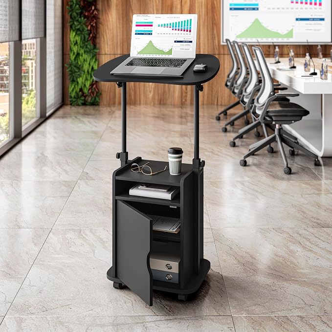 Techni Mobili Adjustable Laptop Cart w/Storage, Rolling Mobile Desk, Black | Adjustable laptop cart with storage cabinet, shelf, locking wheels, sit‑stand height for home office, bedside, classroom