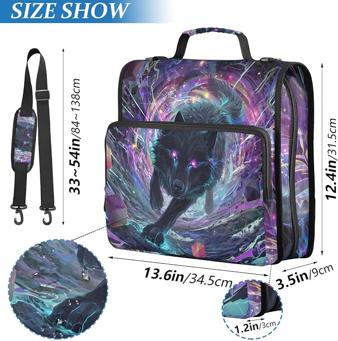 Black Wolf Purple Eyes Galaxy Zipper Binder Bag 3 Ring Binder with Shoulder Strap Zip Up 500 Sheets Capacity Multi Pockets for School Office Supplies