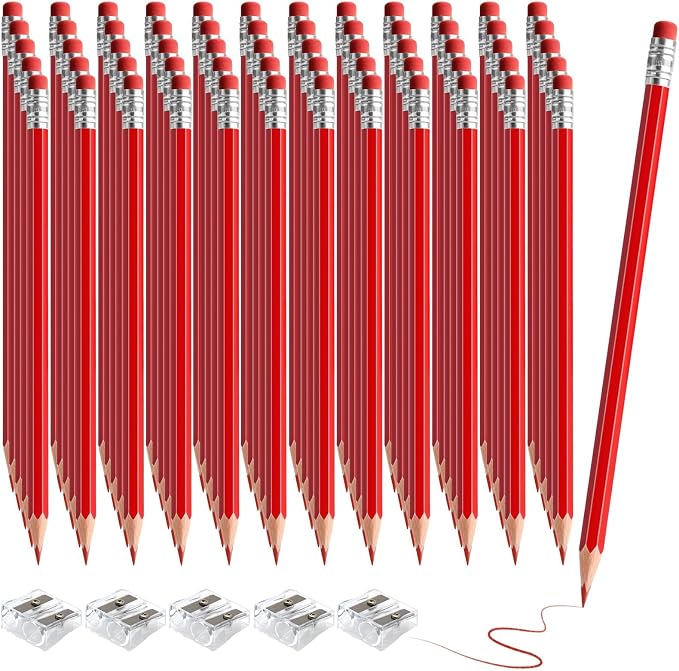 60 PCS Red Pencils Bulk Erasable Colored Pencils with Eraser Pre-Sharpened 2 HB for Checking, Grading, Tests & Office/School Supplies (Red)