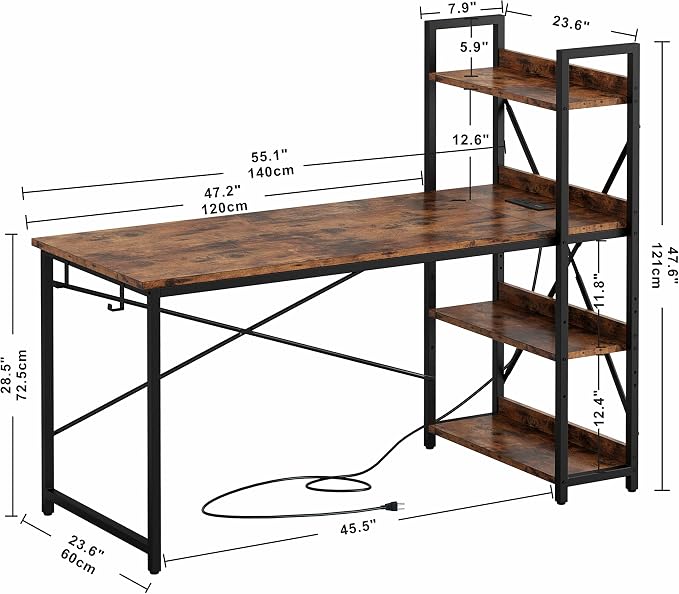 IRONCK Computer Desk 55" with Power Outlet and Storage Shelves,Rustic Brown | Study Writing Table with USB Ports Charging Station, PC Desk Workstation for Home Office