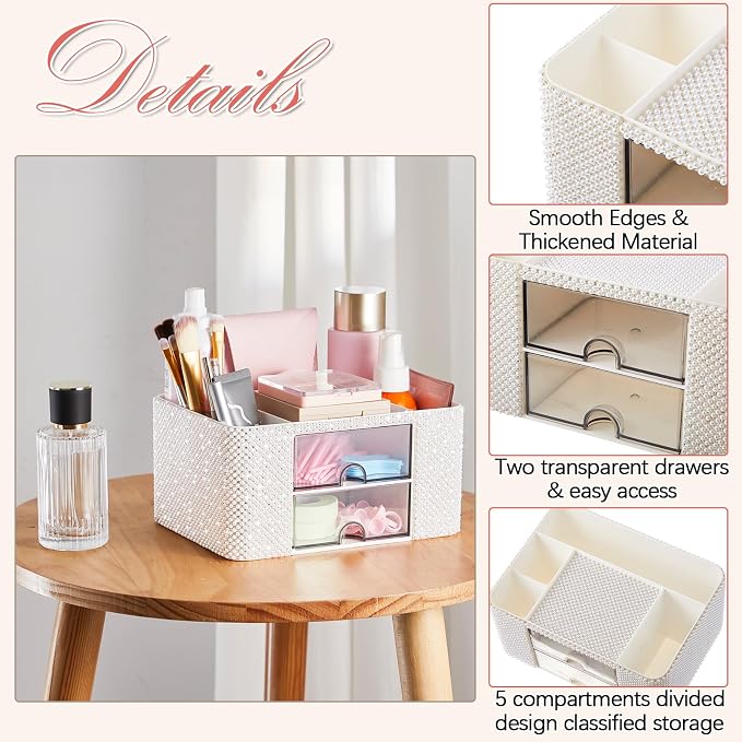 MotiMind White Bling Desk Organizer with 2 Drawer, Sparkly Makeup Organizer for Vanity, Girly Desk Accessories, Rhinestone Pen Holder, Elevate Your Workspace with White Serenity (Pearl)