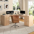 69" Fluted L Shaped Executive Desk with Power Outlets & File Drawer, Modern Wood L Shaped Office Desk with Storage Cabinet and Drawers, Large Corner Desk Computer Writing Desk for Home, Natural Oak