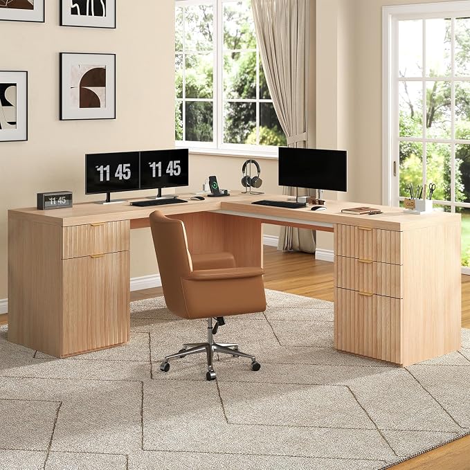 69" Fluted L Shaped Executive Desk with Power Outlets & File Drawer, Modern Wood L Shaped Office Desk with Storage Cabinet and Drawers, Large Corner Desk Computer Writing Desk for Home, Natural Oak