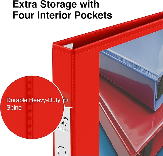 Staples Heavy Duty 1" 3-Ring View Binder, D-Ring, Red, 4/Pack