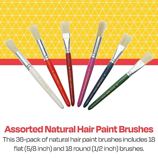 School Smart Stubby Ox Hair Paint Brushes for School and Arts and Crafts Use, Assorted Colors and Sizes, Bulk Set of 36