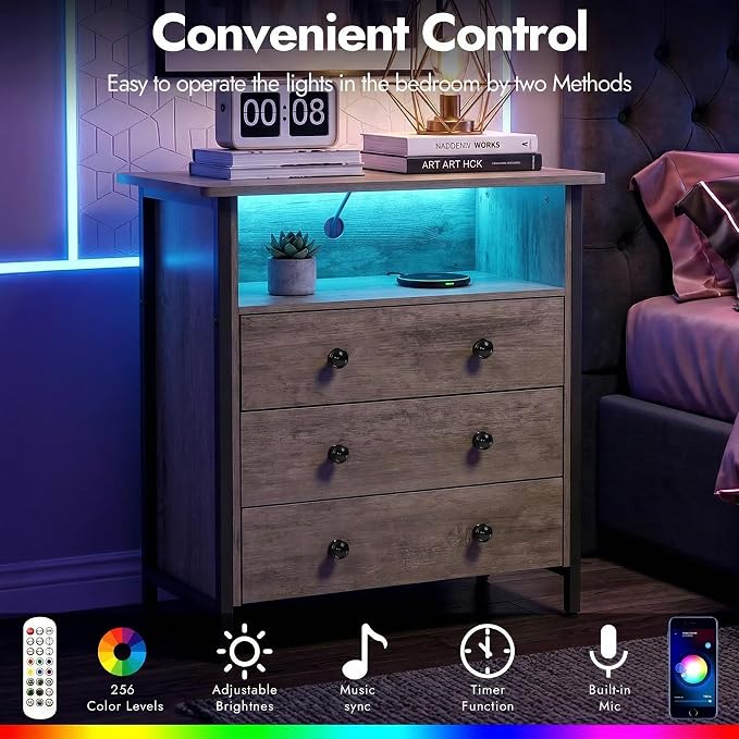 27 Inch LED Nightstand with Charging Station & 3 Drawers, Gray | RGB App Control, 2 AC Outlets & 2 USB Ports, Open Storage, Adjustable Feet, Wood Tall Nightstand for Bedroom or Office