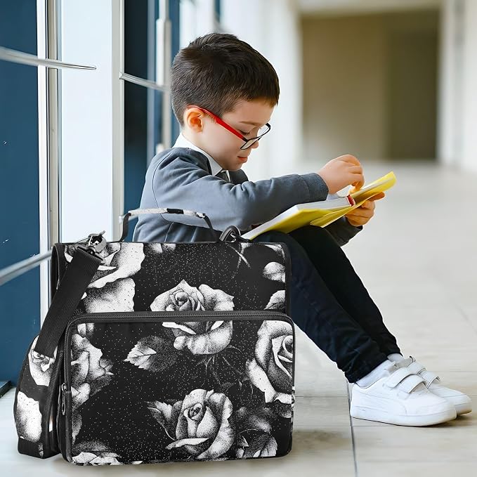 Black and White Roses 3 Ring Binder Bag 1.5 inch Binder Organizer with Zipper Shoulder Strap 500 Sheet Documents Storage for School Office