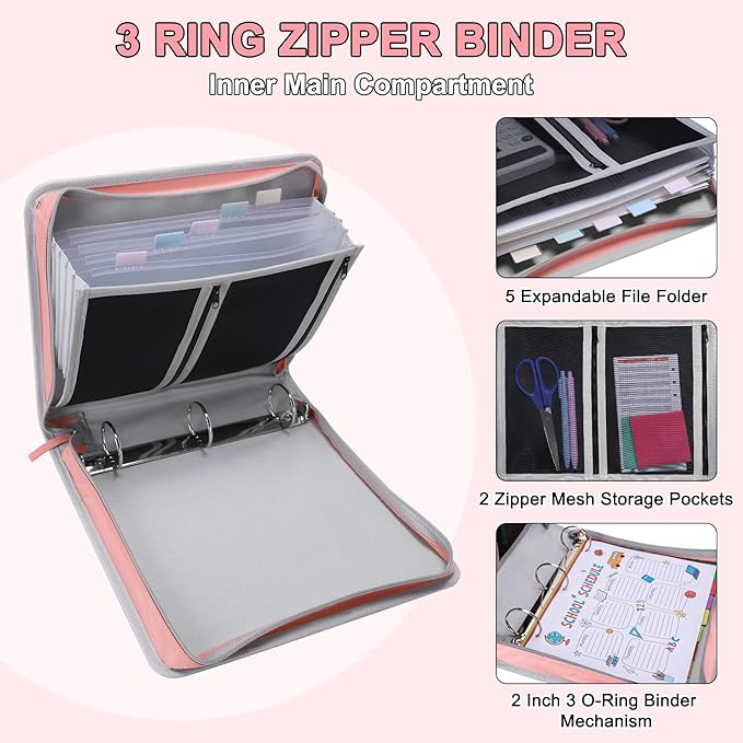 Ndsox Zipper Binder 3 Ring with Handle, 2 Inch O-Ring Document Organizer Middle School Binder with Zipper for Students, 5-Tab Expanding File Folder & 2 Mesh Pouches, DIY Clear Front Pocket, Pink