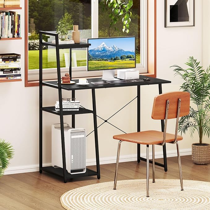 Giantex Computer Desk with Shelves, 47.5” Home Office Desk with Bookshelf, Host Stand, Metal Frame, PC Laptop Workstation, Modern Study Writing Desk for Bedroom, Small Space (Black)