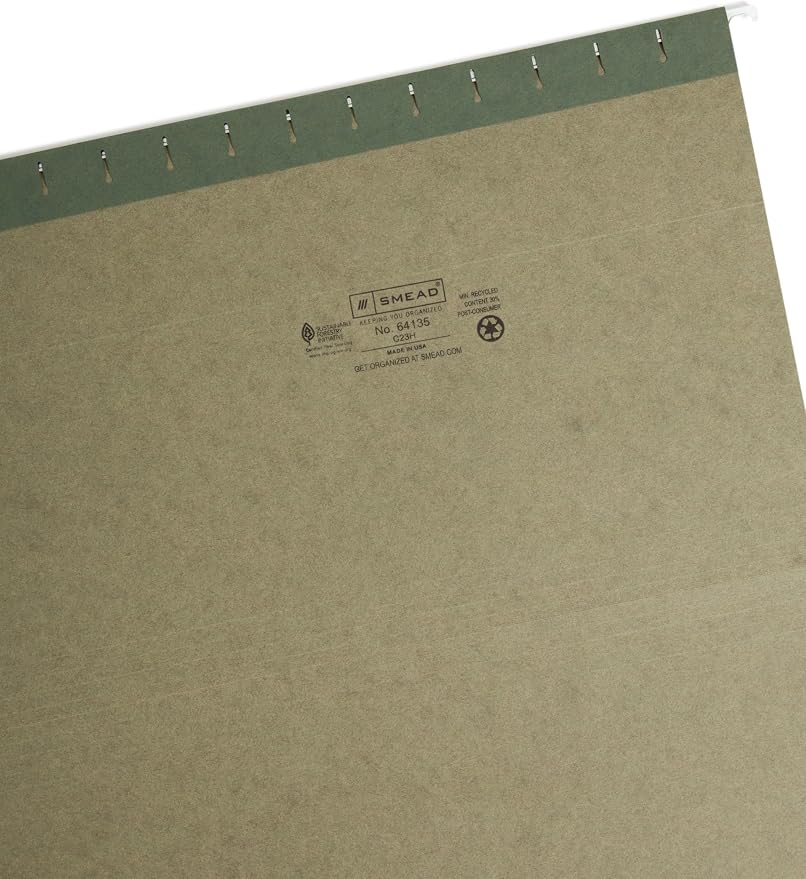 Smead Hanging File Folder with Tab, 1/3-Cut Adjustable Tab, Legal Size, Standard Green, 25 per Box