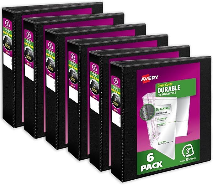 Avery Durable View Binders, 3 Inch One Touch Slant Rings, Black, Holds 8-1/2" x 11" Paper, 635 Sheet Capacity, 3.5" Wide Spine, Great for Organizing Reports & Projects (6-Pack of 17041)