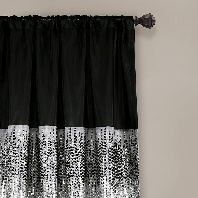 Lush Decor Night Sky Window Curtain Panel, Single, 42" W x 108" L, Black & Gray - Sequin Curtains - Sparkle & Color Block Design - Modern Glam Decor - Extra Long Curtains For Bedroom & Living Room