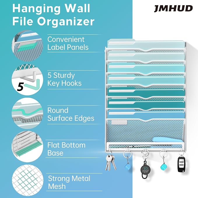 8-Tier Wall File Organizer and Mail Organizer with 5 Hooks, White | Label slots, curved openings, 5 key hooks, and a bottom tray support organized mail, file, and everyday item storage.
