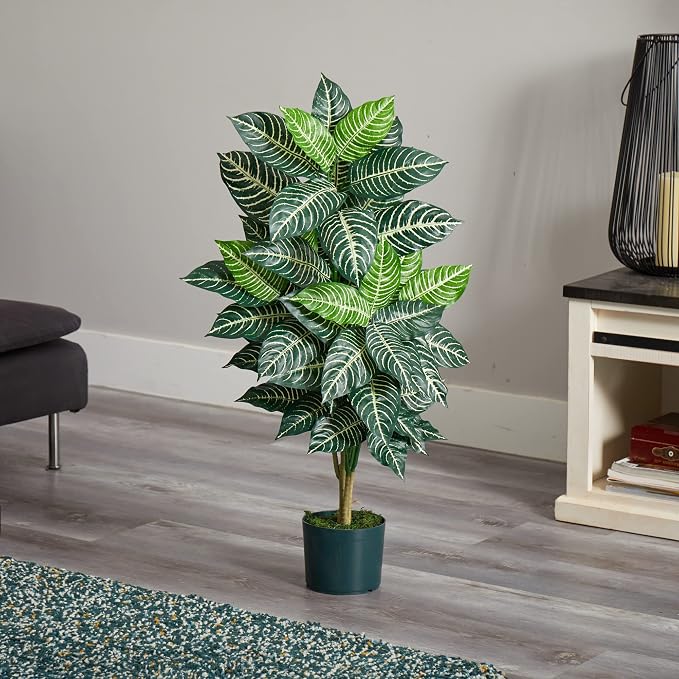 Nearly Natural 3 ft Zebra Artificial Plant with Striped Leaves and Pot | Lifelike White Pin-Striped Leaves, Maintenance-Free, Sturdy Nursery Pot, Office or Sunroom Decor