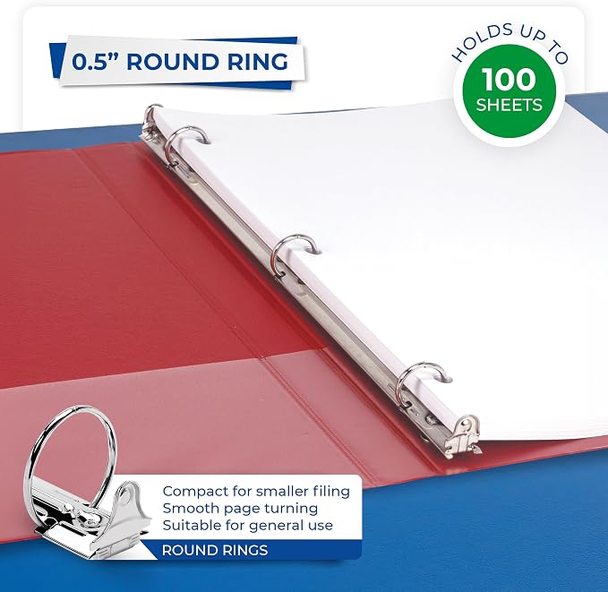 Samsill 0.5 Inch 3 Ring Binder, Economy Round Ring, Clear View Cover, 100 Sheet Capacity - for School, Home, Office - Red, 4 Pack