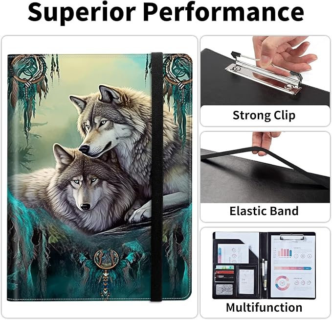 Padfolio/Portfolio Folder Clipboard,Padfolio Clipboard,Writing Portfolio Leather with Cover for Card Holder Slot Letter Size A4 for Office Conference Notepad Clip Boards,Lovely Wolf