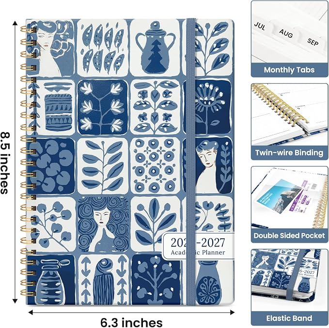 Taja Planner 2026-2027, Jul 2026-Jun 2027 Monthly & Weekly Calendar Planner | 6.3" x 8.5", Hardcover Academic Calendar, Teacher Student Agenda Book with Tabs, School Office Supplies, Blue Art