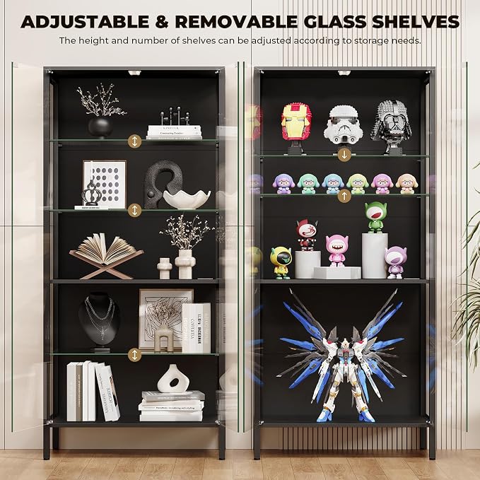 Glass Display Cabinet, 5-Tier Display Case with Adjustable Glass Shelves, Metal Curio Cabinet with 3 Color Lights for Collectibles, Bookcase with Human Body Sensor, Black