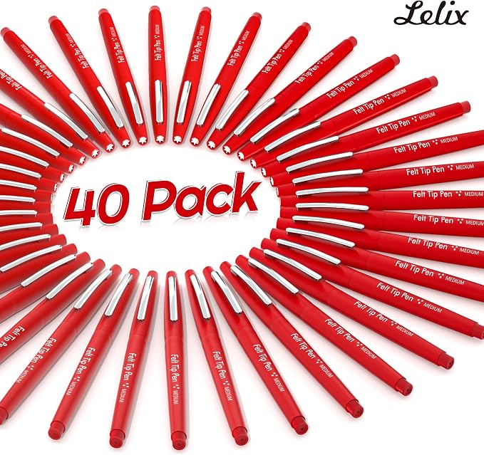 Lelix Felt Tip Pens, 40 Red Pack, 0.7mm Medium Point, Felt Tip Markers Pens for Journaling, Writing, Note Taking, Planner, Perfect for School Office and Art Supplies
