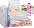 Marbrasse 4-Tier Paper Tray Organizer with Drawer and Pen Holder, Pink | Metal Mesh Desk Organizer, Built-in Drawer & 2 Pen Slots, fits letters/Files, for School Home Office Supplies