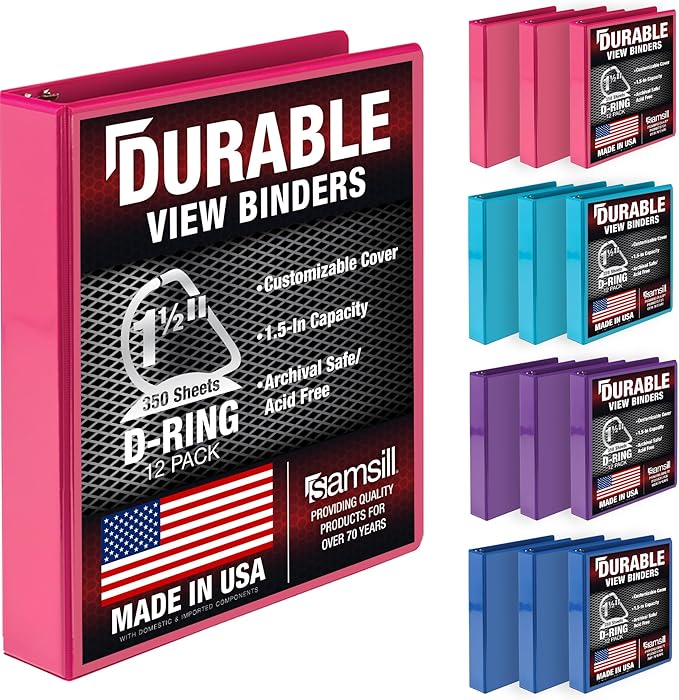 Samsill Durable 1.5 inch 3 Ring Binder, D Ring Binder, 100% Recycled Chipboard, Fashion Assortment, 12 Pack