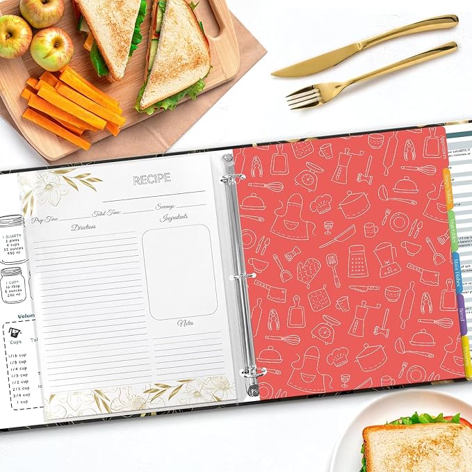 Recipe Binder 8.5x11 3 Ring with Plastic Sleeves, Blank Recipe Book Binder | Waterproof recipe binder 8.5x11 with plastic sleeves, recipe cards and gift box to make your own cookbook(Black Floral).