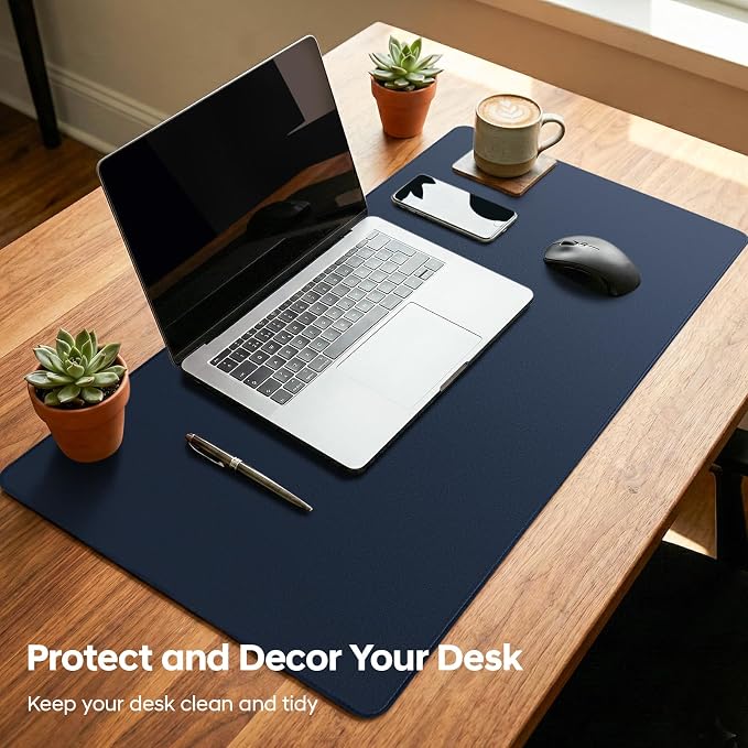Leather Desk Pad Protector, Office Desk Mat, Large Mouse Pad, Non-Slip PU Leather Desk Blotter, Waterproof Computer Desk Writing Pad for Office and Home (Dark Blue, 23.6" x 13.7")