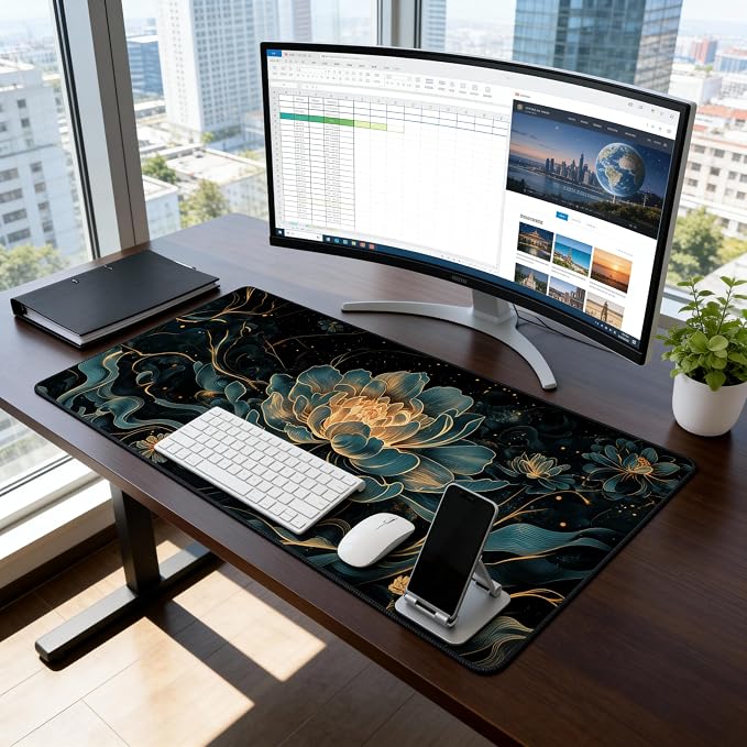 Floral Aesthetic Lotus Gaming Mouse Pad, Black Gold Chinoiserie Desk Mat with Anti-Slip Base & Stitched Edges, Office Supplies & Desk Decor for Women, 35.4" x 15.7" in Home Office Essentials